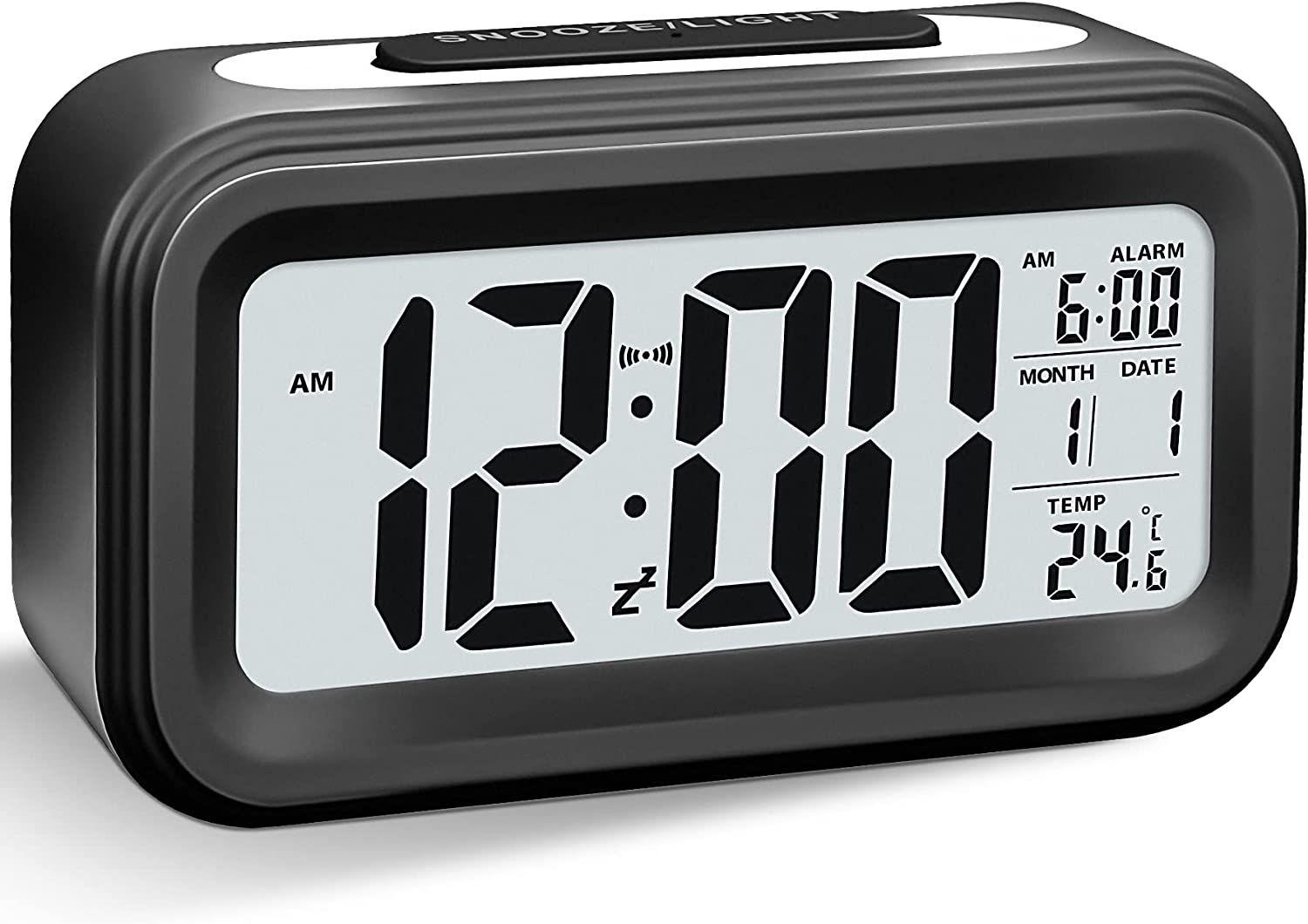 Réveil Digital Réveil Matin, Horloge Numérique Réveil à Pile Silencieux  pour Enfants Adultes Grand écran LED Température Calendrier(Blanc)