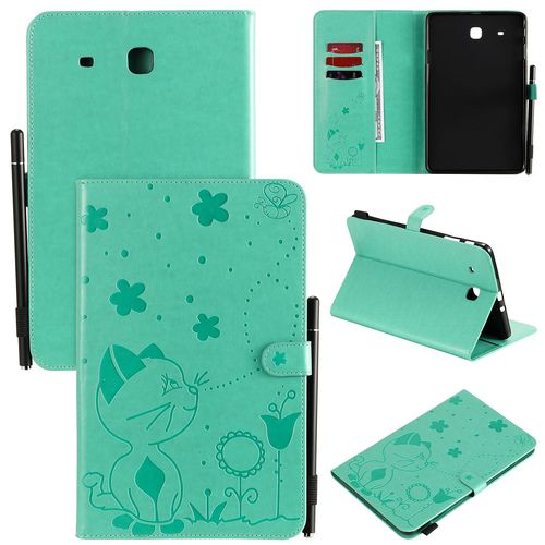 Étui Pour Samsung Galaxy Tab E 9.6 Sm-T560 Pu Cuir Poche Cas Flip Coque Protection Housse Stand Case Papillon Chat Et Abeille,Vert