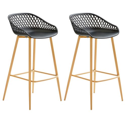 Lot De 2 Tabourets De Bar Irek Chaise Haute Cuisine Ou Comptoir Au Design Retro En Plastique Noir Et Métal Décor Chêne, Assise 75 Cm