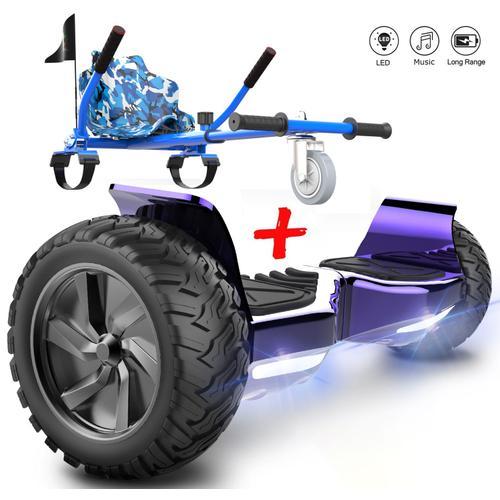 Evercross Hoverboard Overboard Gyropode Tout Terrain 8.5", Self-Balancing Scooter Hummer Suv, Bluetooth, 700w Violet Chromé + Hoverkart Kit Kart Bleu