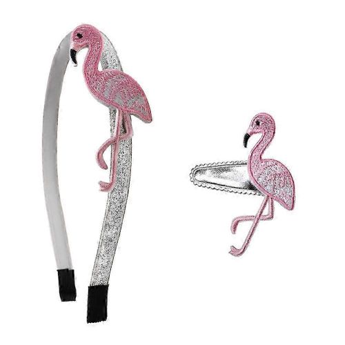 2pcs Flamingo Headband Embroidery Hair Set Girls Headwear Hairpins (Flamingo Hair And Hairpins)