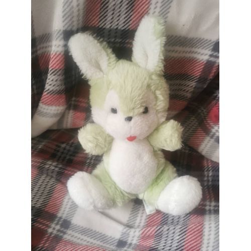 Doudou Peluche Lapin Vert Anis Blanc Langue Nounours Vintage