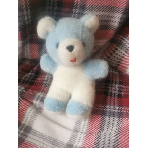 Peluche Doudou Ours Bleu Blanc Langue Vintage