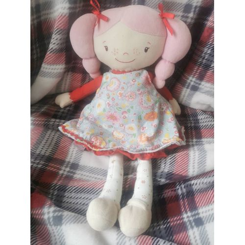 Doudou Poupée Chiffon Mélodie Sorbet Couettes Robe Bleue Fleurs Rose Orange Corolle