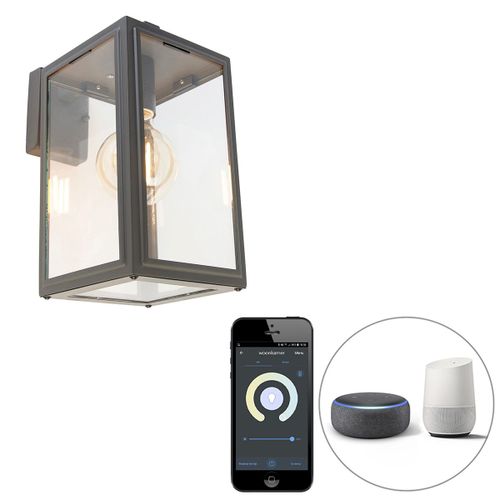 Qazqa Classique/Antique /Rustique /Rétro Smart Buiten Wandlamp Grijs Incl. Wifi G95- Sutton Down Acier Inoxydable /Verre Gris Foncé Cube /Carré / Extérieur / Jardin / Luminaire / Lumiere /...