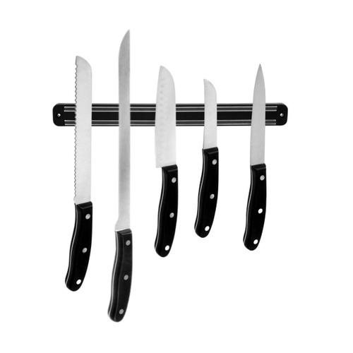 Nirosta 9980650 Ensemble De 5 Couteaux Fit Avec 1 Support Mural Magnétique, Couteau Office, Éplucheur, Santoku, Saumon Et Jambon, À Pain, Acier Inoxydable, Plastique, Noir, De 22 À 39 Cm