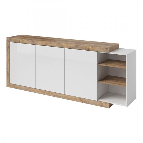 Buffet Xl 220cm Coloris Chêne Et Blanc Brillant Avec Nombreux Rangements Collection Sinatra.