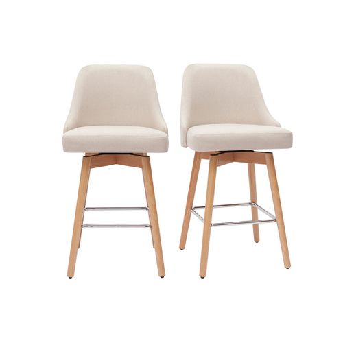 Tabourets De Bar Scandinaves En Tissu Beige Et Bois Hêtre Massif H65 Cm (Lot De 2) Hasta