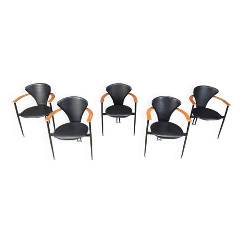 Fauteuils Vintage En Cuir Par Arrben Italie Annes 1980 Lot De 5 Noir