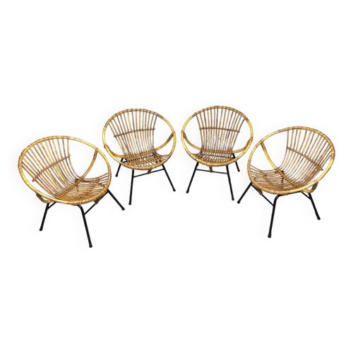 Set De 04 Fauteuils Corbeille Adulte En Rotin Osier Annes 195060s Vintage Bois