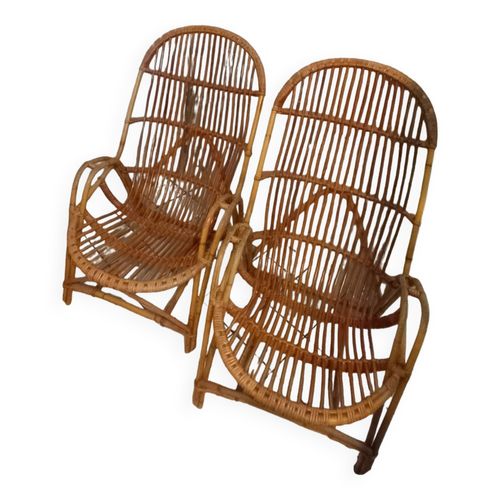 Paire De Fauteuils Vintage Rotinosier Annes 70 Bois