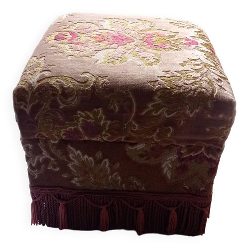 Ancien Grand Pouf Repose Pieds Velours Vintage Franges Marron