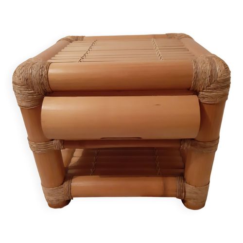 Table De Chevet Vintage En Bambou Avec Tiroir Beige