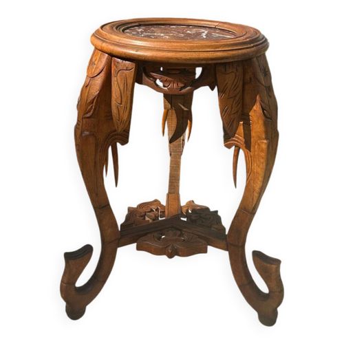 Petite Sellette En Noyer Massif Sculpt Avec Plateau En Marbre Bois