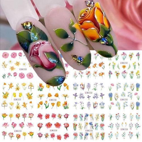 Autocollants de fleurs de printemps pour ongles",curseurs de transfert d'eau,tulipe,lys,coquelicot,d¿¿calcomanies florales,tatouage,d¿¿corations de manucure,"12 pi¿¿ces - Type [BN2725]-2736