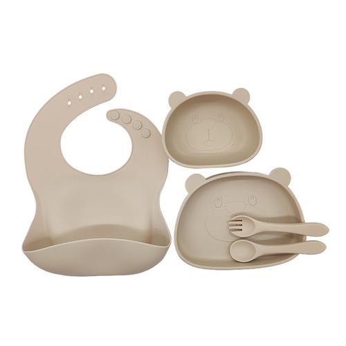 Assiette Bébé Set Repas Silicone,5pcs Antiderapante Bol À Ventouse Fourche Cuillère Sans Bpa Enfant Set Couverts Vaisselle(Beige)