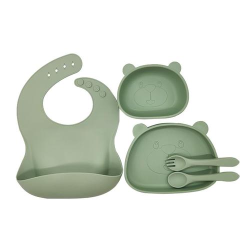 Assiette Bébé Set Repas Silicone,5pcs Antiderapante Bol À Ventouse Fourche Cuillère Sans Bpa Enfant Set Couverts Vaisselle(Vert)