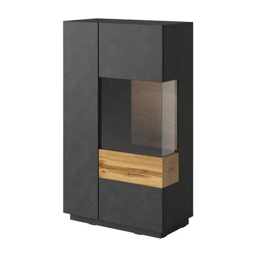 Buffet Haut Avec Led Collection Kiles Deux Portes. Coloris Gris Anthracite Et Chêne. Porte Vitrée À Droite