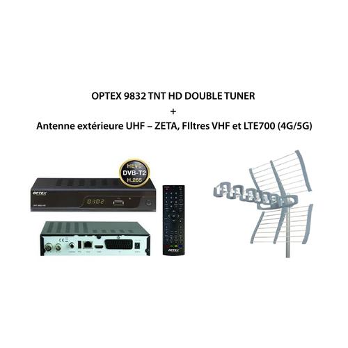 Pack OPTEX 9832 TNT HD DOUBLE TUNER + Antenne extérieure UHF – ZETA, FIltres VHF et LTE700 (4G/5G)