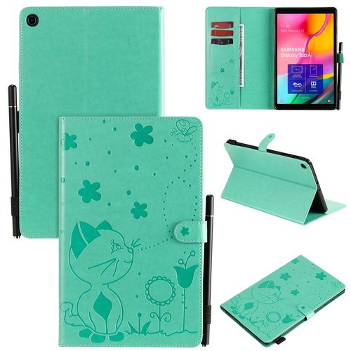 Étui Pour Samsung Galaxy Tab A 10 2019 Sm-T510 Pu Cuir Poche Cas Flip Coque Protection Housse Stand Case Papillon Chat Et Abeille,Vert