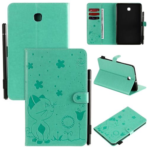 Étui Pour Samsung Galaxy Tab A 2018 8.0 Sm-T387 Pu Cuir Poche Cas Flip Coque Protection Housse Stand Case Papillon Chat Et Abeille,Vert