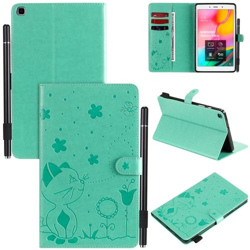 Étui Pour Samsung Galaxy Tab A8 2019 Sm-T290/T295 Pu Cuir Poche Cas Flip Coque Protection Housse Stand Case Papillon Chat Et Abeille,Vert
