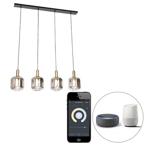Qazqa Design Smart Hanglamp Zwart Met Smoke Glas 4-Lichts Incl. Wifi A60 - Zuzanna Verre /Acier Doré/Laiton,Noir Oblongue / Luminaire / Lumiere / Éclairage / Intérieur / Salon / Cuisine E27...