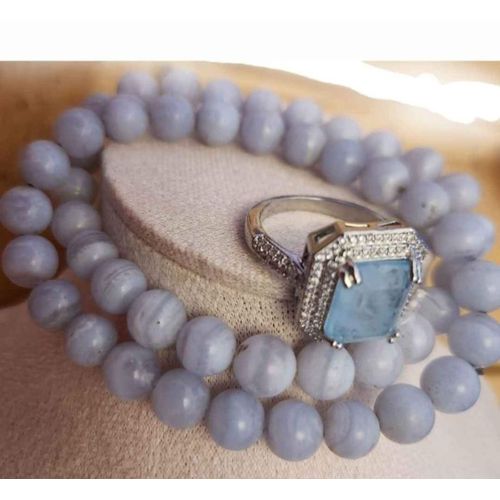 Bague En Argent 925 + Bracelet + Collier Coeur Pierre Aigue - Marine