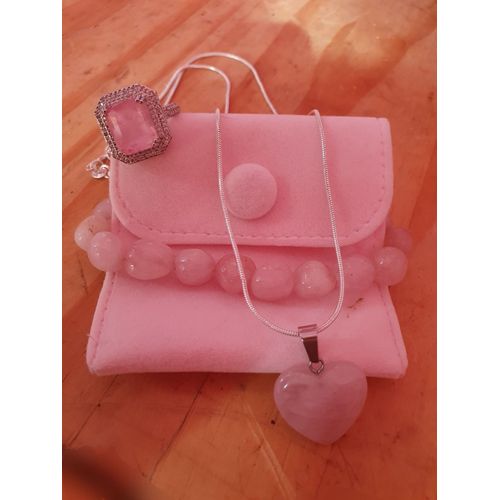 Bague Argt 925 , Pierre Quartz Rose + Bracelet + Collier Coeur