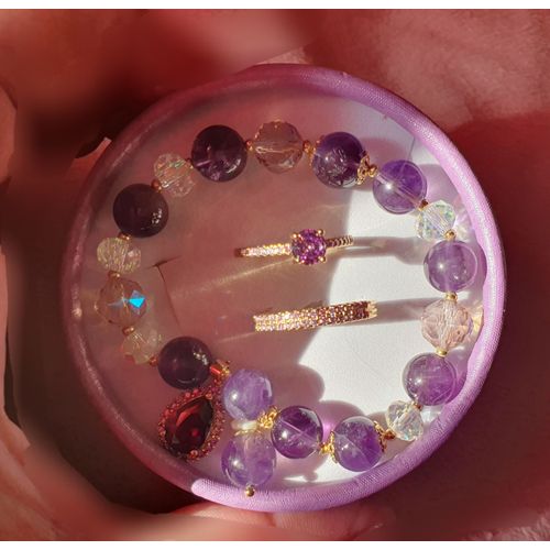 Bague Duo Et Bracelet Pl.Or Et Pierres Amethystes