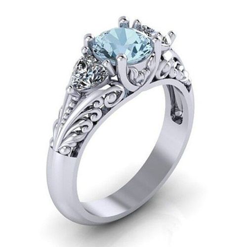 Bague De Fiançailles Pour Femmes, Bijoux De Style Antique, Coupe Ronde, En Cristal Bleu, Fleur Ajourée, Taille 5-11