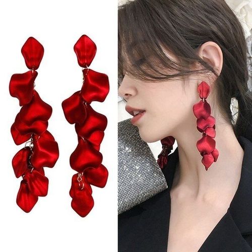 Boucles D'oreilles Longues À Pampilles Pour Femme, Bijoux En Forme De Fleur Rose, Imitation De Tempérament Élégant, En Métal Rouge, Cadeau Pour Meilleur Ami