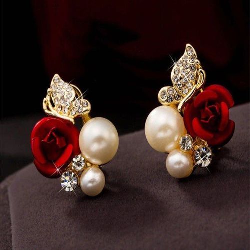 Boucles D'oreilles Pour Femme, 1 Paire, Boucles D'oreilles De Mariée, Rose Rouge, Anti-Allergie, Perle De Haute Qualité, Cristal