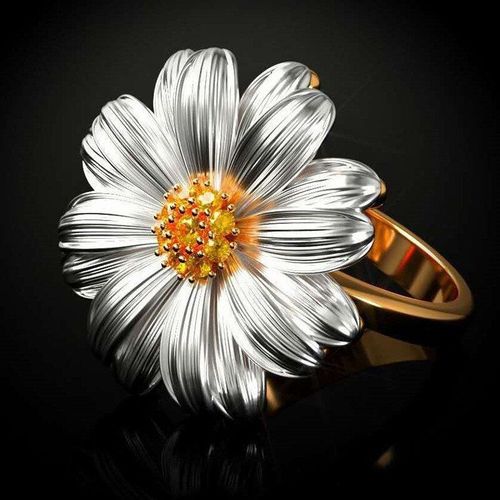Bague Argentée En Forme De Tournesol Pour Femmes, Couleur Orange Incrustée, Cz, Pour Fête De Danse Romantique, Bijoux De Fleurs