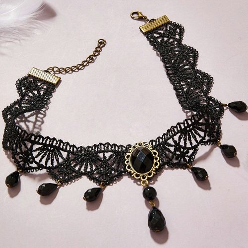 Collier Noir Gothique Vintage, Chaîne En Dentelle Cristal, Clavicule