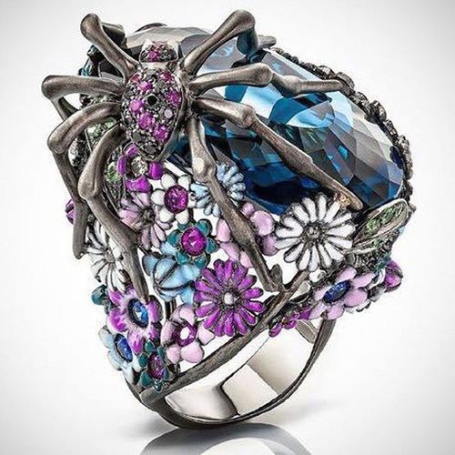 Bague De Mariage En Cristal Bleu, Couleur Argent, Araignée Fleur, Pour Femmes