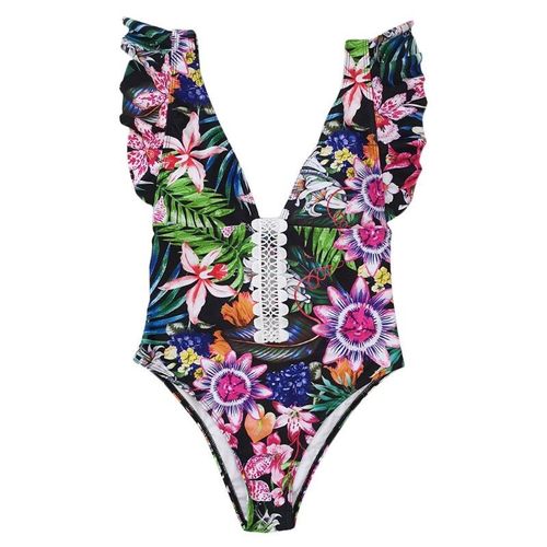 Femmes Sexy Une Pièce Maillot De Bain Bikini Volants Col V Dos Nu Floral Monokini H4gf