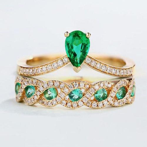 Ensemble de bagues de fiançailles pour femmes, bijoux de luxe, couronne, mode, coupe poire, pierre de cristal verte, fête de mariage, accessoires