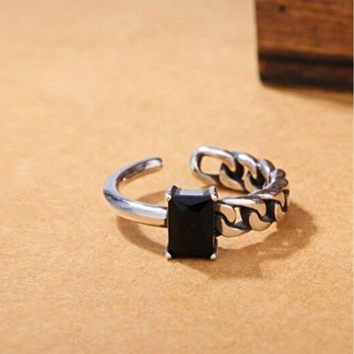 Bague En Argent Thaïlandais Avec Chaîne Torsadée Irrégulière, Anneau Ouvert En Cristal De Zircon Noir, Bijoux S-R125