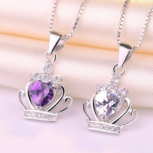 Collier Pendentif En Forme De Couronne De Princesse Avec C¿Ur En Zircon, Couleur Argent, Violet Clair, Bijoux De Mariage, S-N98