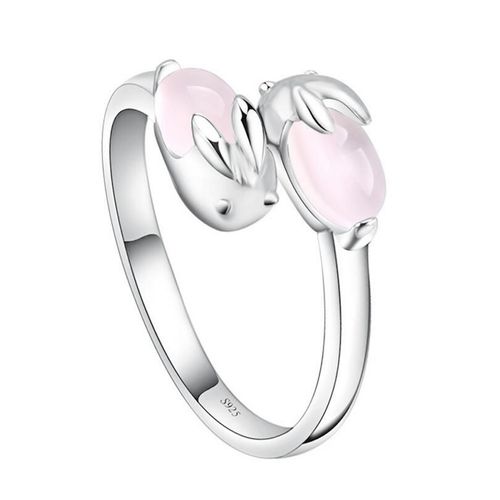Bagues En Forme De Double Lapin, Couleur Argent, Avec Opale Rose, Bijoux En Pierre De Cristal, Cadeaux Pour Filles, S-R135