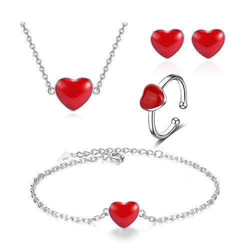 Ensemble De Bijoux Pour Femmes, Collier, Boucles D'oreilles, Bague, Bracelet, Simple, Rouge, Couleur Argent