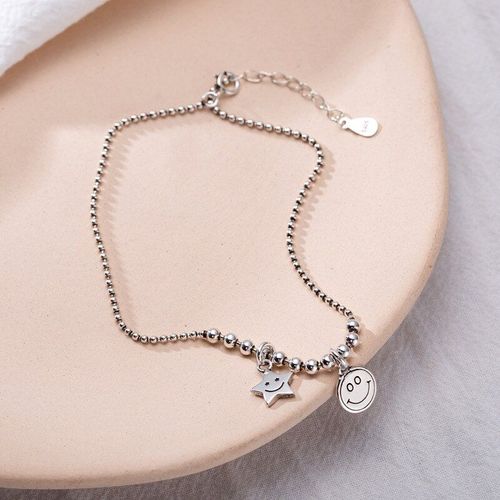 Bracelet De Cheville Pour Femmes, Couleur Argent, Étoile Fantaisie, Visage Souriant, Pendentif, Perle Ronde, Chaîne, Bijoux Cadeaux, S-B369