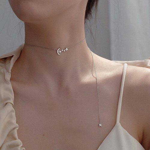 Collier Ras Du Cou Couleur Argent, Étoile De Lune Pour Femmes, Chaîne Extensible, Cadeau De Fête De Mariage, Vente En Gros, S-N716