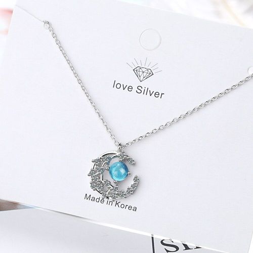 Collier Pendentif Lune Couleur Argent, Avec Zircon Cristal Bleu, À La Mode, Chaîne Clavicule, Pour Femmes, S-N514
