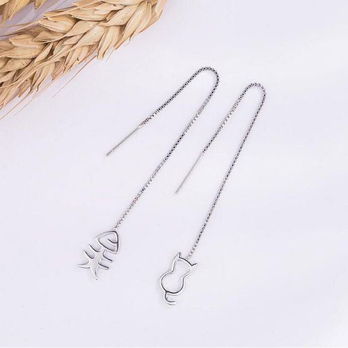 Boucles D'oreilles Longues Asymétriques Couleur Argent Pour Femme, Bijoux De Personnalité, Chat Et Os De Poisson, Cadeaux, S-E366