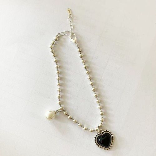 Bracelet En Forme De C¿Ur Pour Femmes, Couleur Argent, Noir, Chaîne De Perles Réglable, Bijoux