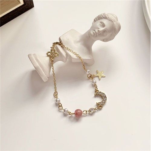 Anenjery Lune Étoile Imitationn Perle Bracelet À Breloques 925 Argent Sterling Dégradé Pierre De Lune Zircon Bracelet Pour Les Femmes S-B304