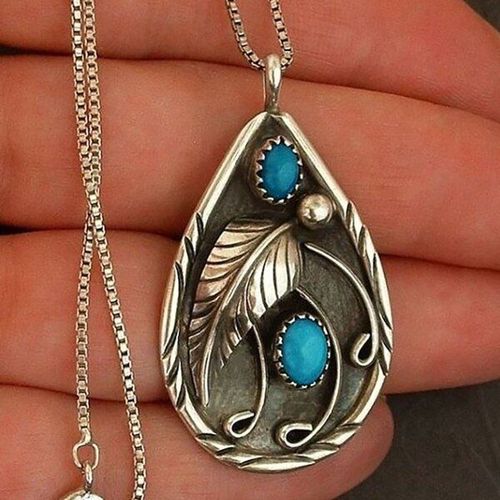 Collier De Fiançailles Vintage En Forme De Goutte D'eau Pour Femmes, Pendentif Incrusté De Feuilles Noires Teintées Turquoise