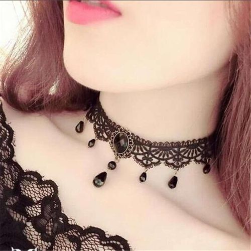 Collier En Dentelle Noire Pour Femmes, Style Gothique, Vintage, Ras Du Cou, Pendentif En Cristal, Chaîne De Clavicule